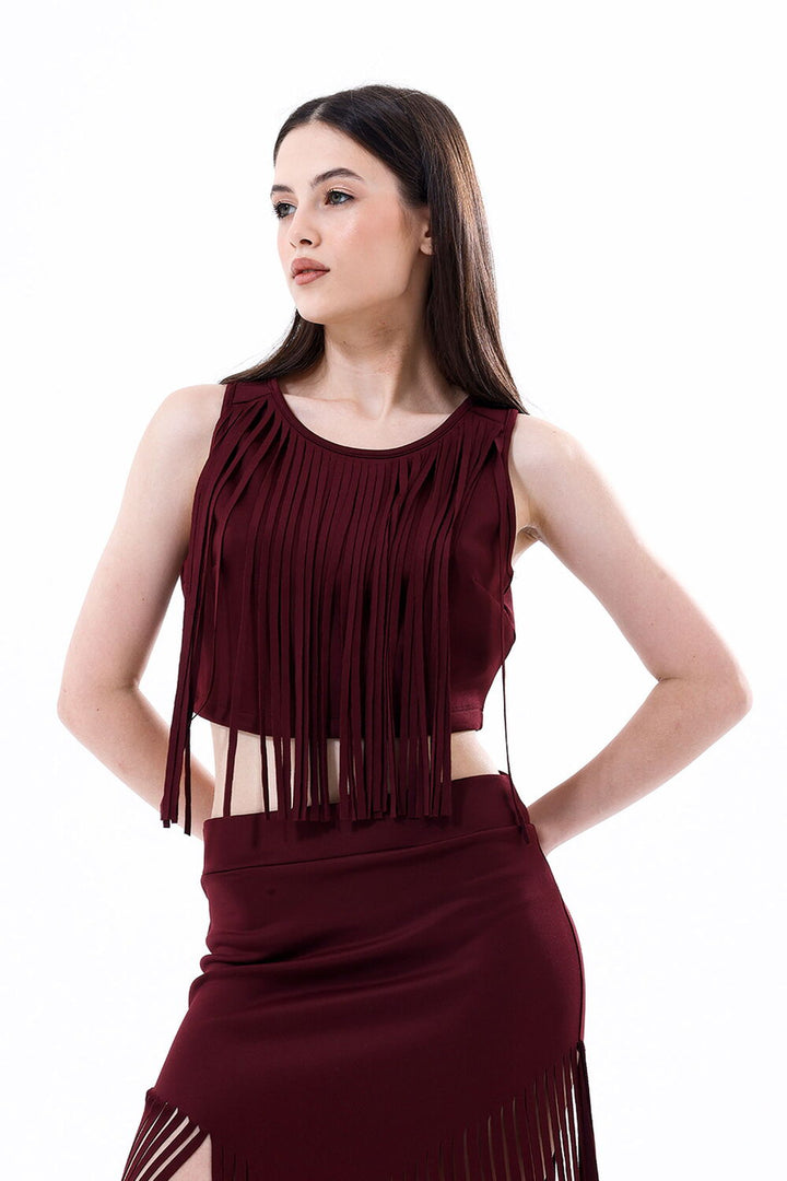 SNS Sense Burgundy Back Zip Front Fringed Scuba Bustier - Paterna