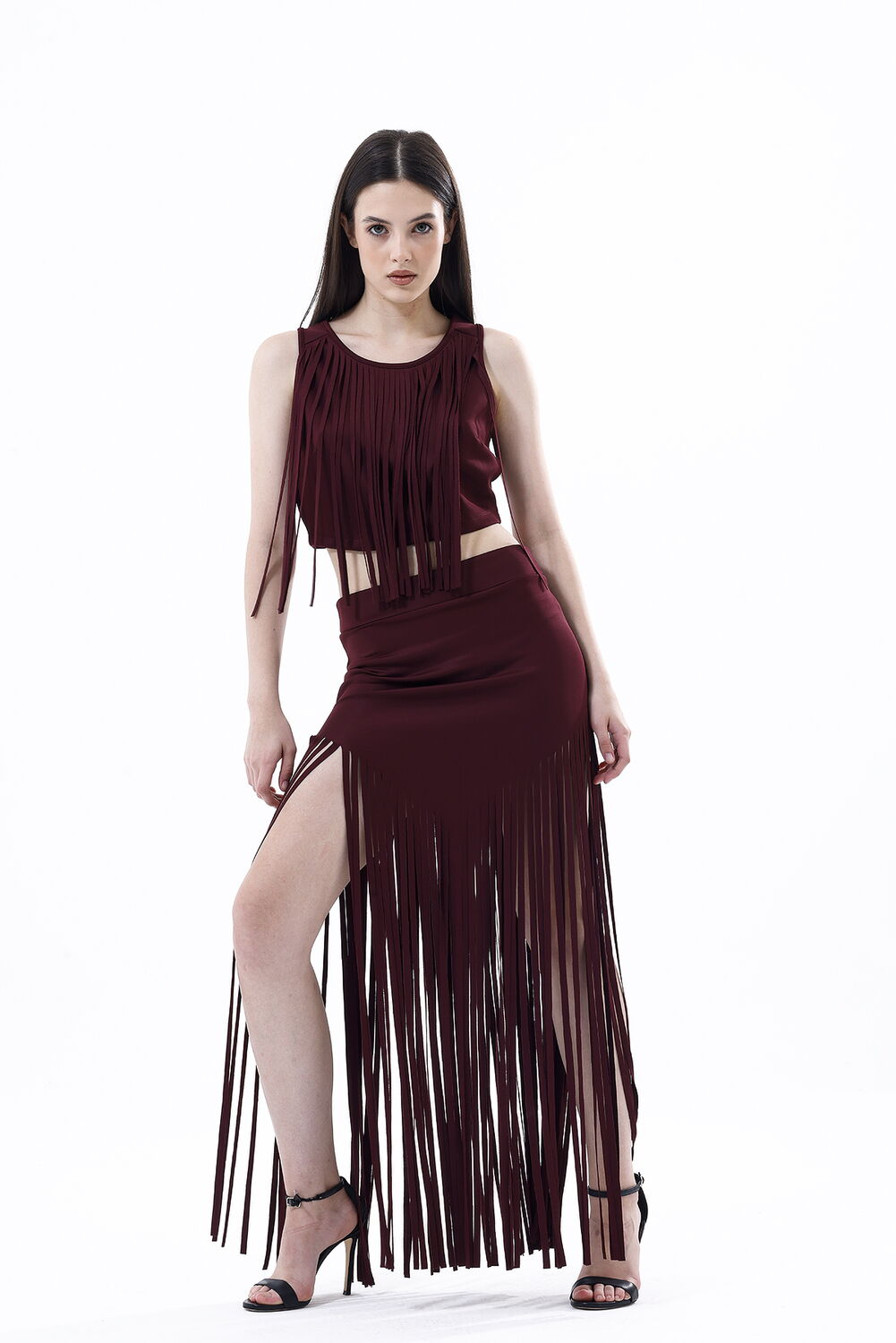 SNS Sense Burgundy Back Zip Front Fringed Scuba Bustier - Paterna