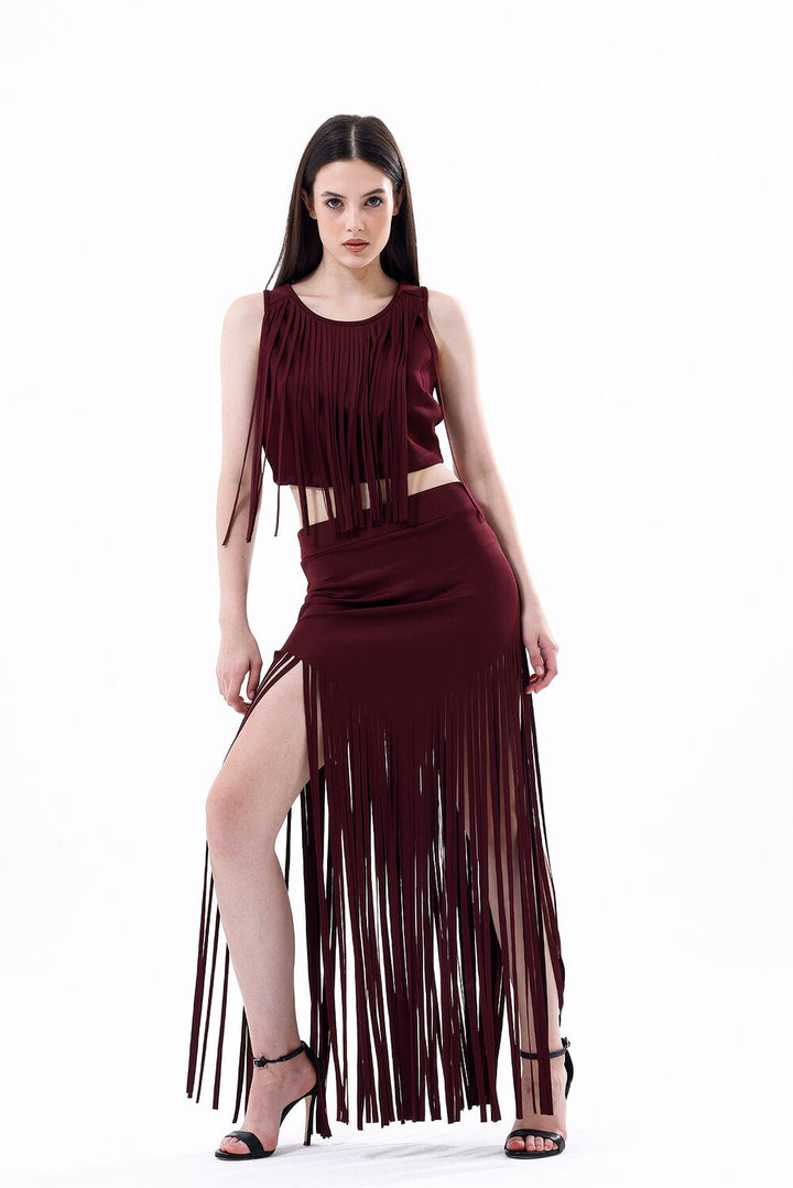 SNS Sense Burgundy Back Zip Front Fringed Scuba Bustier - Paterna