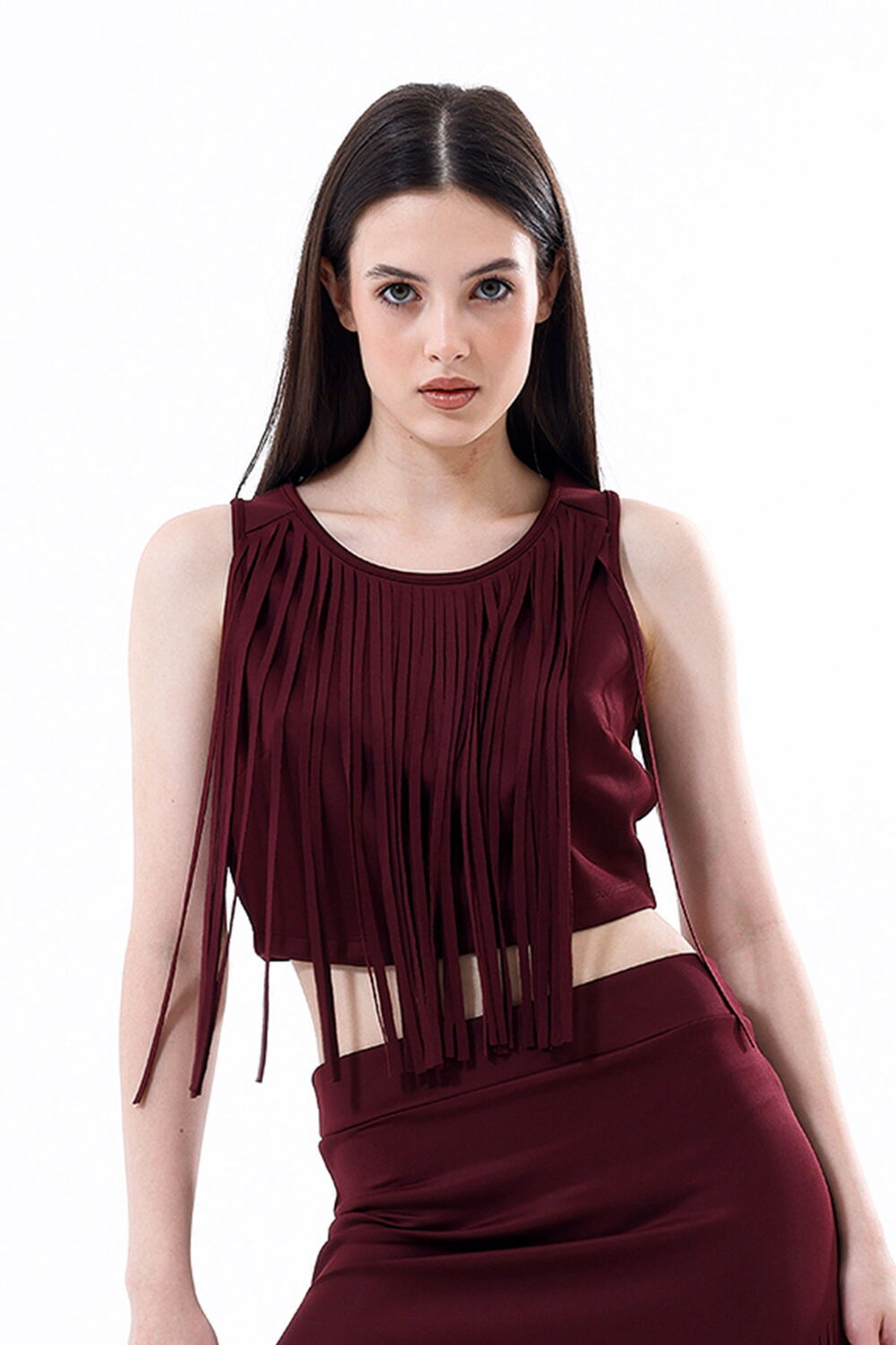 SNS Sense Burgundy Back Zip Front Fringed Scuba Bustier - Paterna