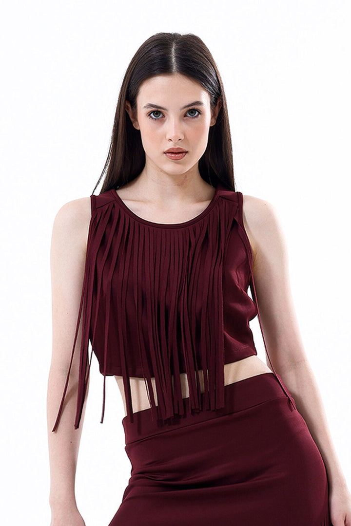 SNS Sense Burgundy Back Zip Front Fringed Scuba Bustier - Paterna