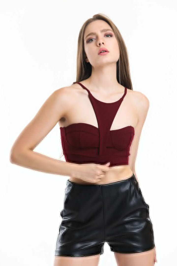 SNS Burgundy Strappy Glop Detailed Scuba Crepe Bustier - Redmond