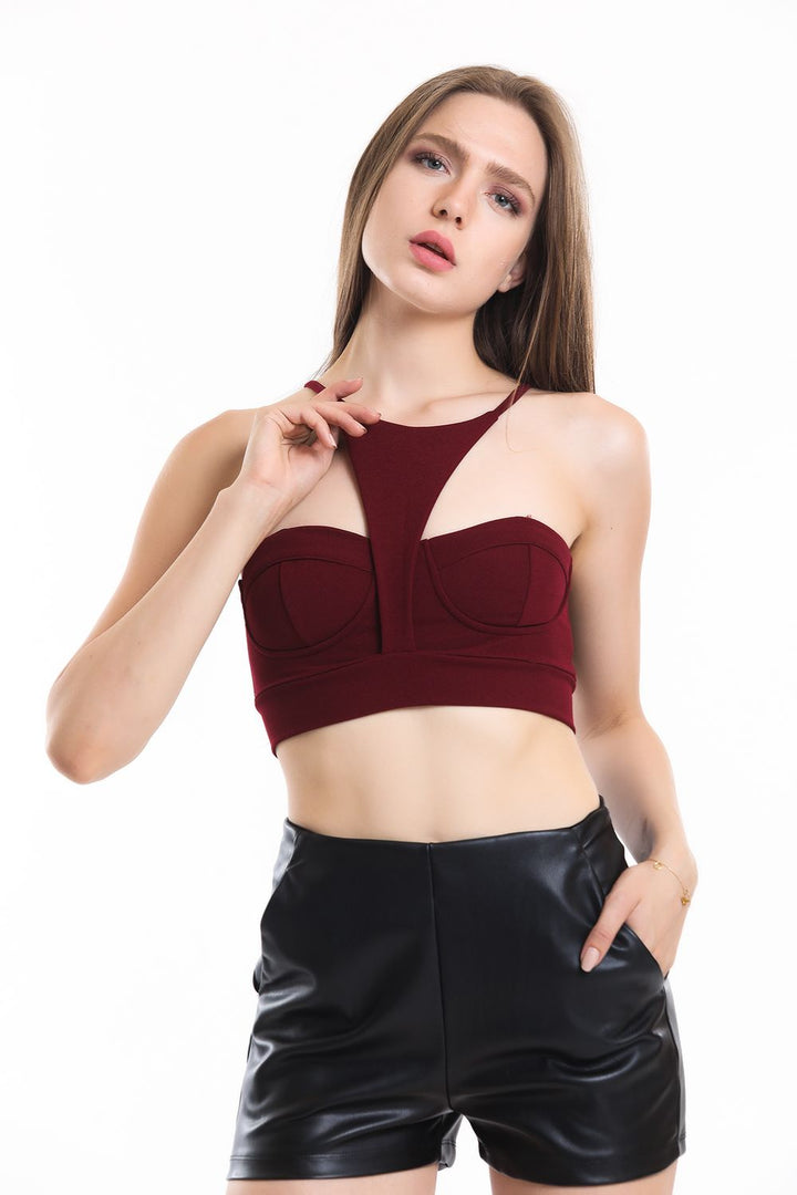 SNS Burgundy Strappy Glop Detailed Scuba Crepe Bustier - Redmond