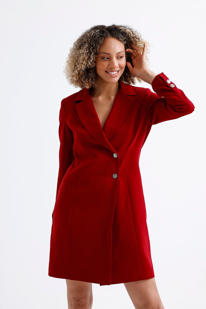 SNS Burgundy Lined Front And Sleeves Metal Buttoned Adriana Jacket Dress - Lehi