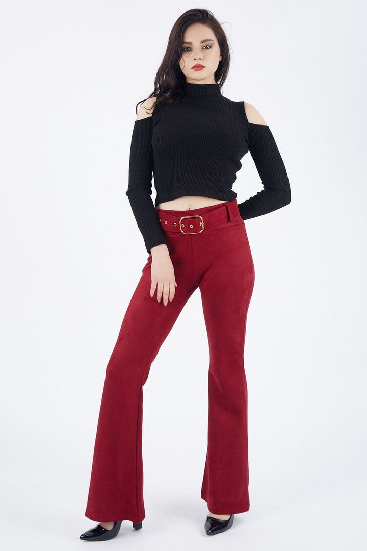 SNS Burgundy High Waist Fabric Coated Belted Spanish Flare Suede - Rochester
