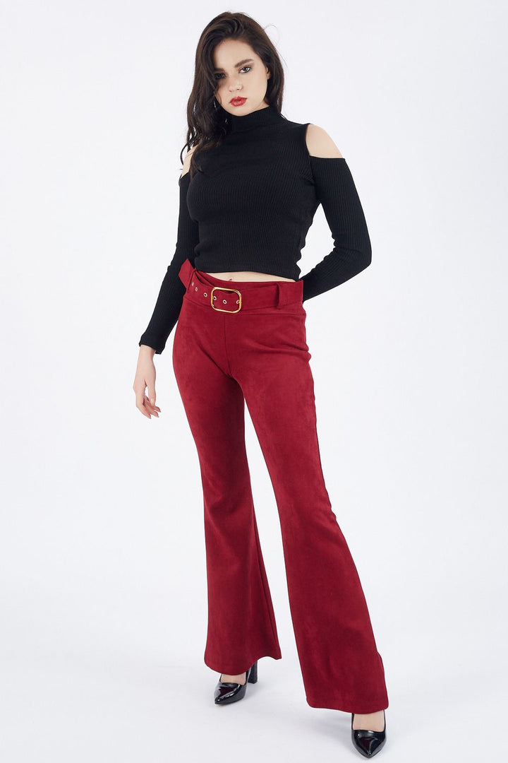 SNS Burgundy High Waist Fabric Coated Belted Spanish Flare Suede - Rochester