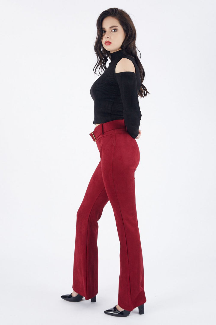 SNS Burgundy High Waist Fabric Coated Belted Spanish Flare Suede - Rochester