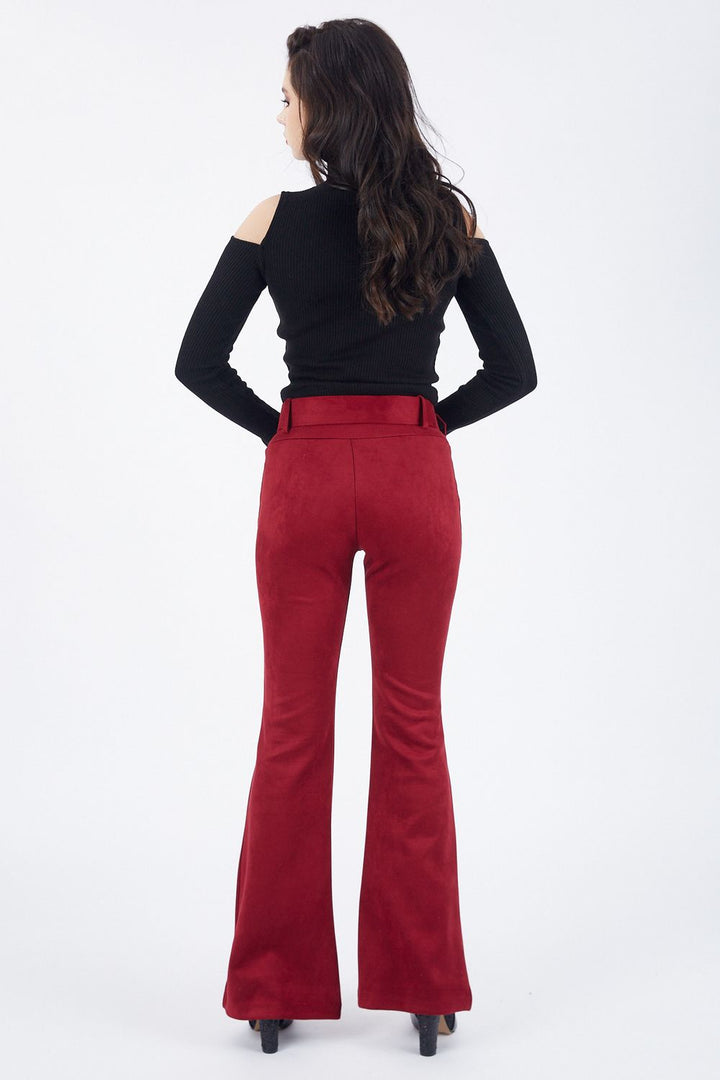 SNS Burgundy High Waist Fabric Coated Belted Spanish Flare Suede - Rochester