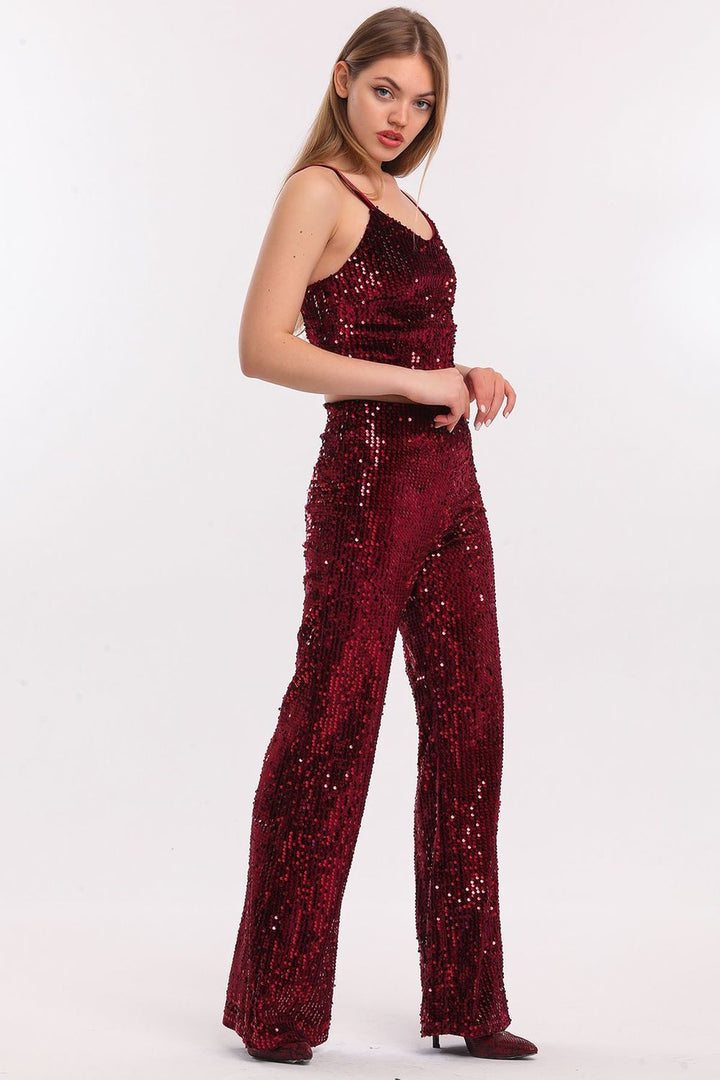 SNS Burgundy High-Waisted Wide Leg Sequined Evening Pants - Coalville