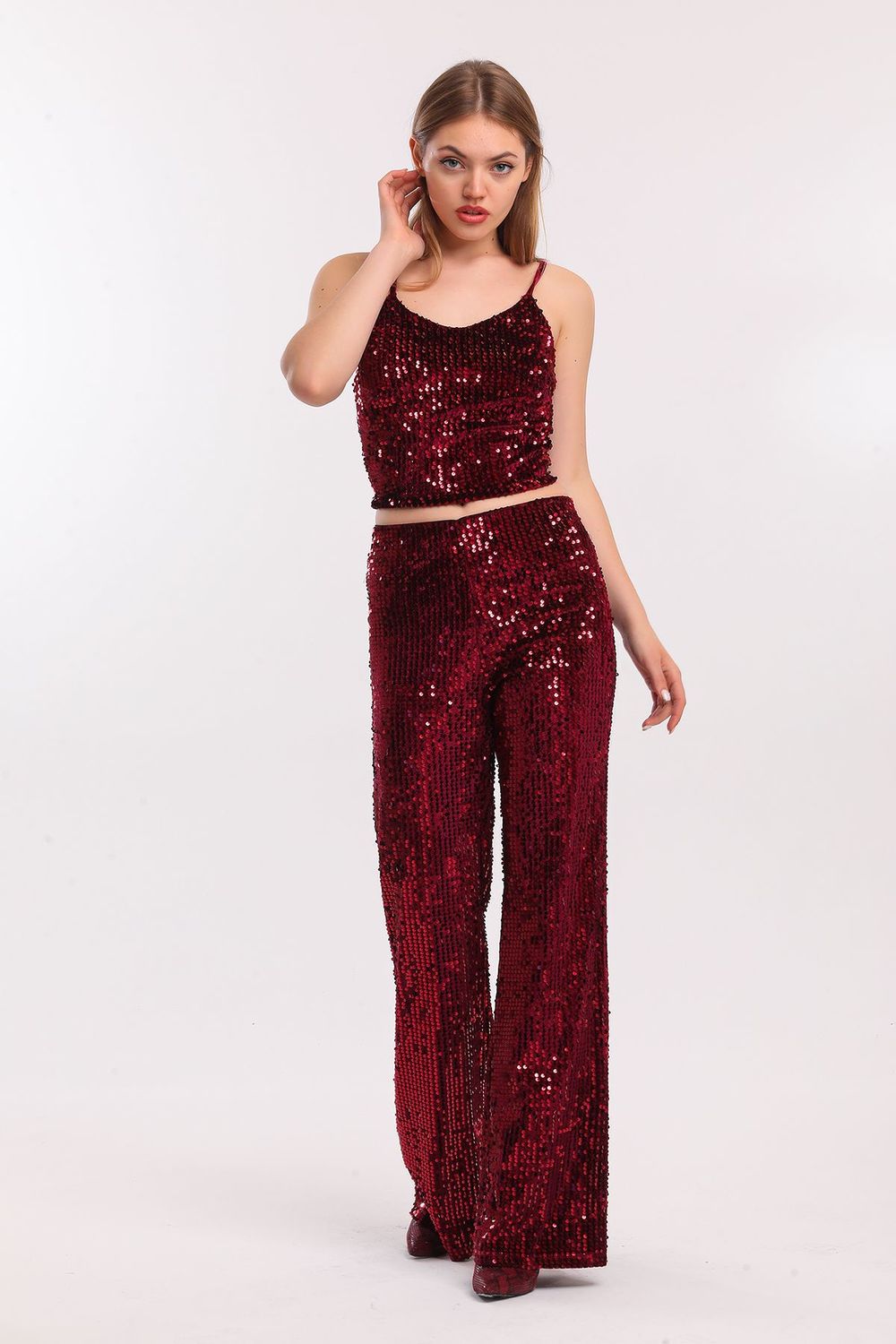 SNS Burgundy High-Waisted Wide Leg Sequined Evening Pants - Coalville