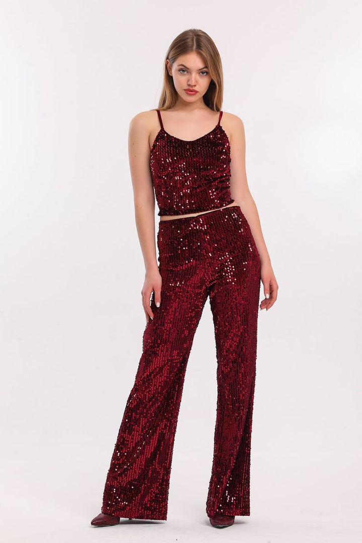 SNS Burgundy High-Waisted Wide Leg Sequined Evening Pants - Coalville