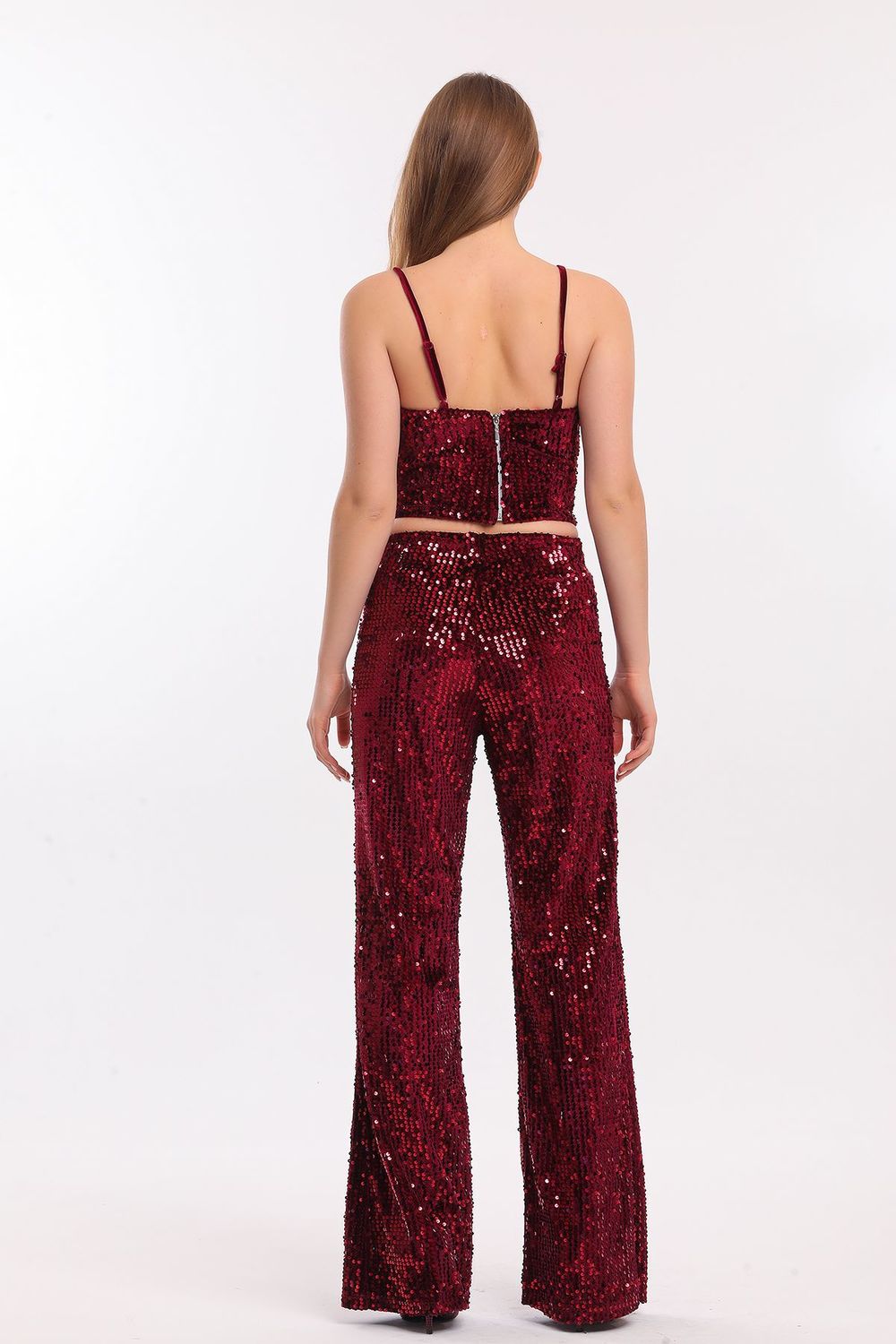 SNS Burgundy High-Waisted Wide Leg Sequined Evening Pants - Coalville