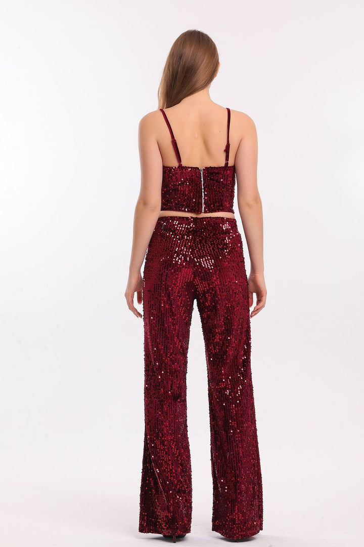 SNS Burgundy High-Waisted Wide Leg Sequined Evening Pants - Coalville