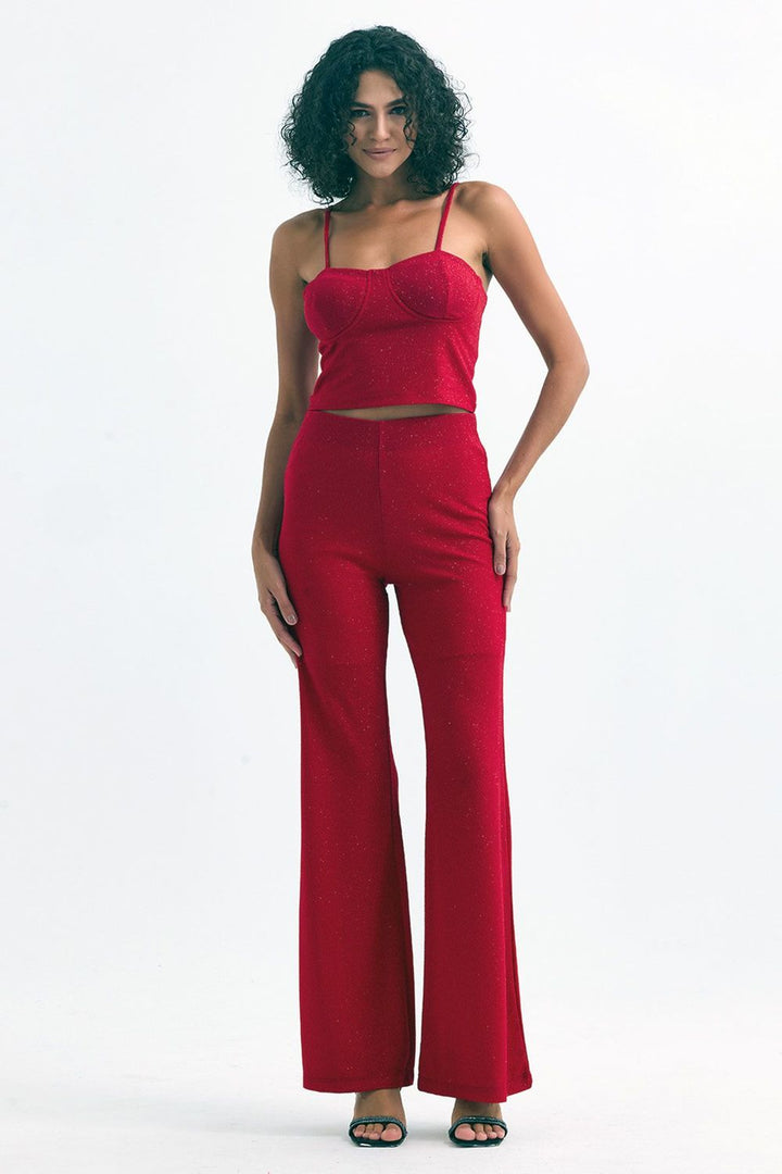 SNS Sense Bordeaux High Waisted Glittery Pukuro Evening Pants - Newnan