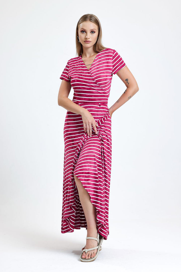 SNS Short Sleeve Front Tie Dress with Bordeaux Stripes and Wide Skirt - Amarillo