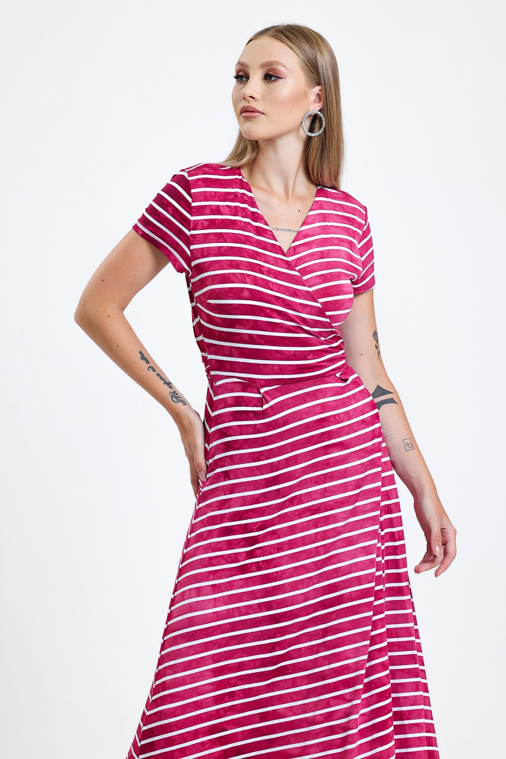 SNS Short Sleeve Front Tie Dress with Bordeaux Stripes and Wide Skirt - Amarillo