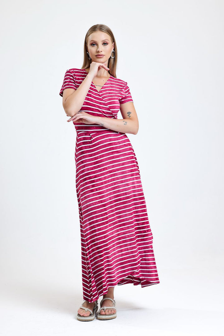 SNS Short Sleeve Front Tie Dress with Bordeaux Stripes and Wide Skirt - Amarillo