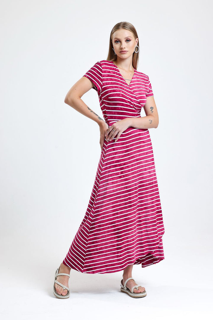 SNS Short Sleeve Front Tie Dress with Bordeaux Stripes and Wide Skirt - Amarillo