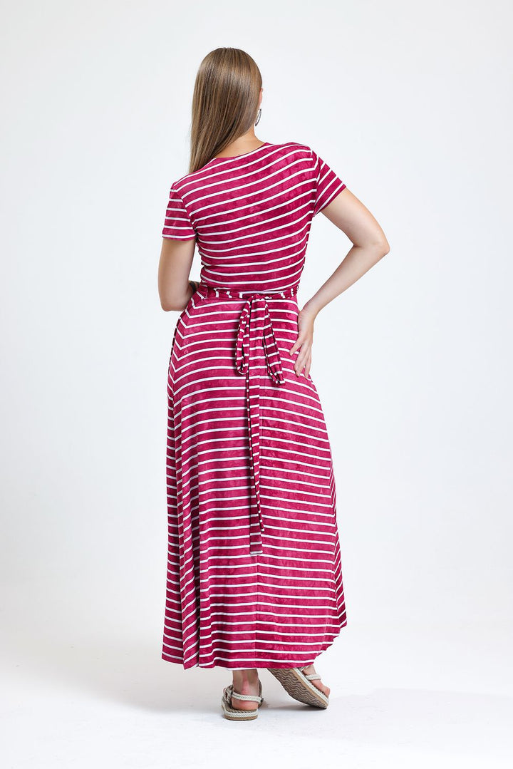 SNS Short Sleeve Front Tie Dress with Bordeaux Stripes and Wide Skirt - Amarillo