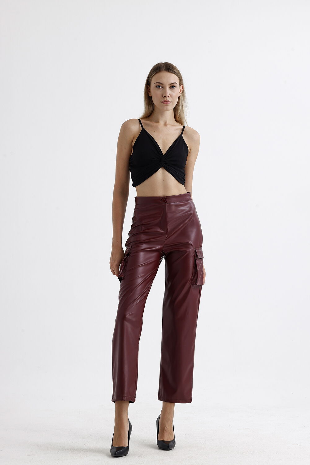 SNS Sense Bordeaux Cargo Pocket Faux Leather Pants - San Marcos