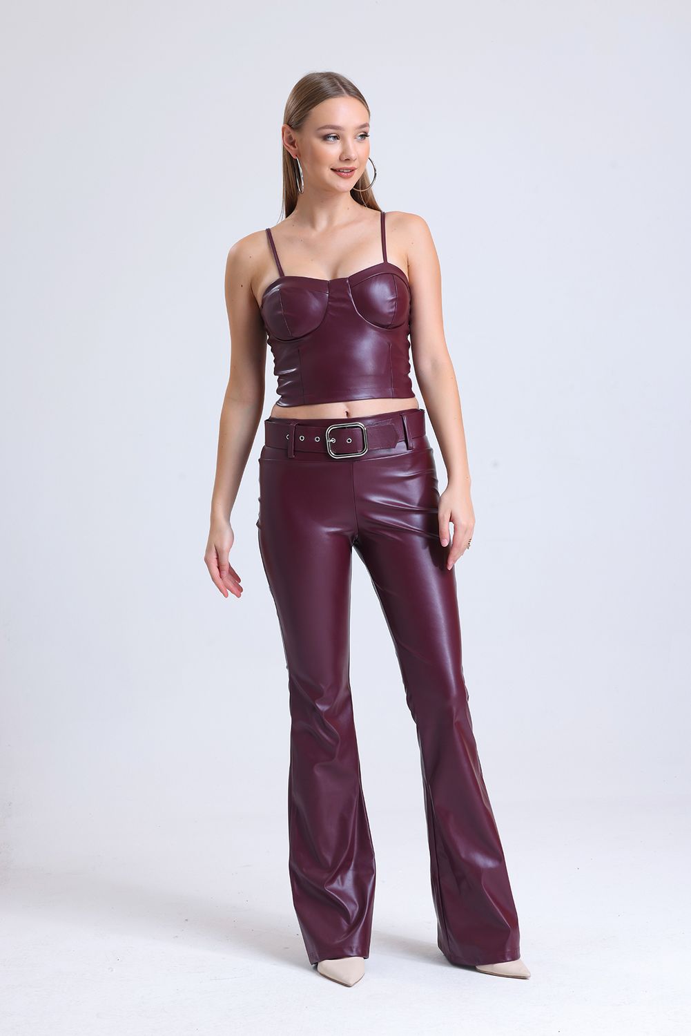 SNS Burgundy Belted Flared Faux Leather Pants PNT33313 - Cuautitlán Izcalli