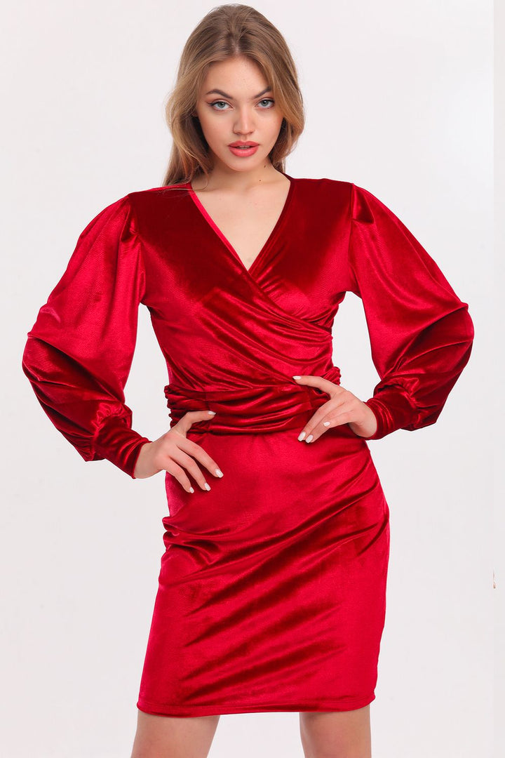 SNS Burgundy Wrap Ruched Puff Sleeve Velvet Evening Dress - Port Orange