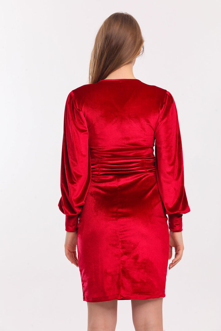 SNS Burgundy Wrap Ruched Puff Sleeve Velvet Evening Dress - Port Orange