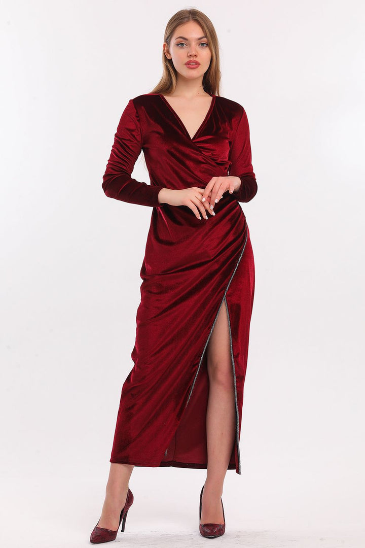 SNS Burgundy Wrap Long Sleeve Velvet Long Evening Dress - Waterlooville