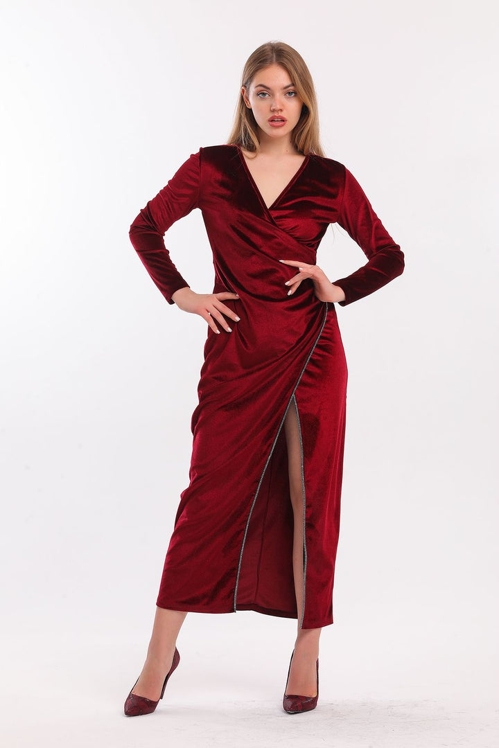 SNS Burgundy Wrap Long Sleeve Velvet Long Evening Dress - Waterlooville