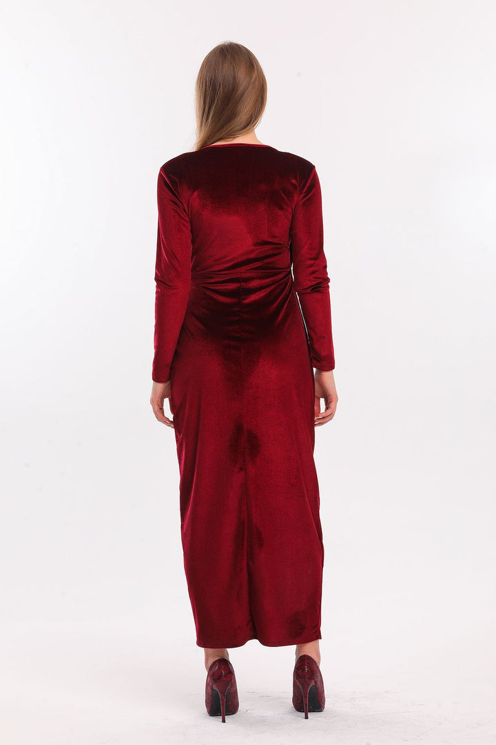 SNS Burgundy Wrap Long Sleeve Velvet Long Evening Dress - Waterlooville