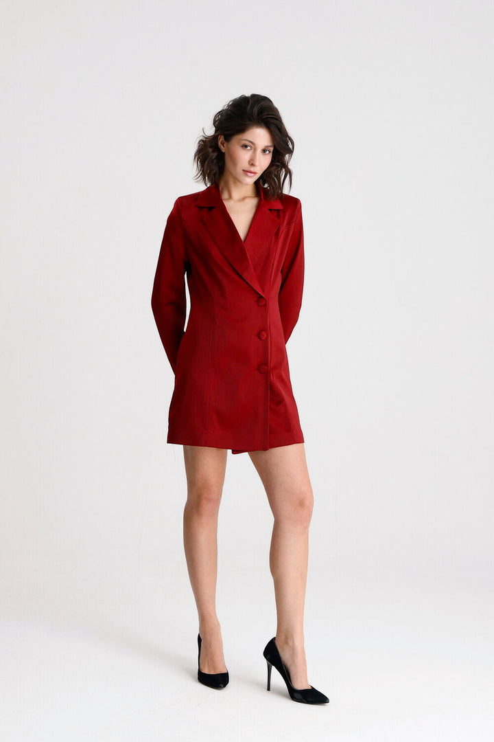 SNS Sense Bordo Kruvaze Yaka İçi Astarlı Saten Blazer Ceket  Elbise  - Velletri