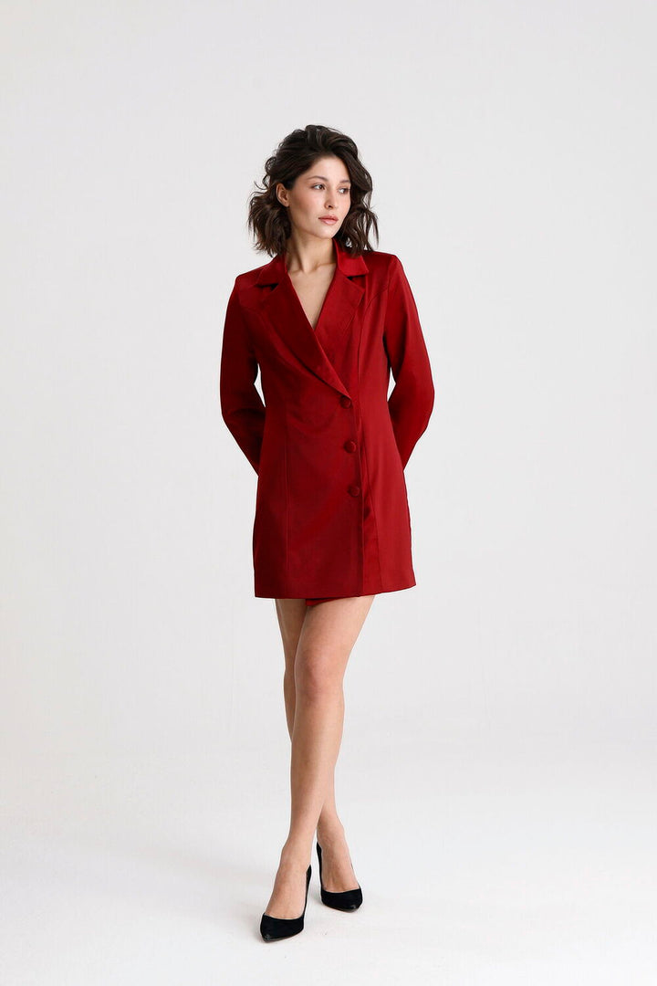 SNS Sense Bordo Kruvaze Yaka İçi Astarlı Saten Blazer Ceket  Elbise  - Velletri