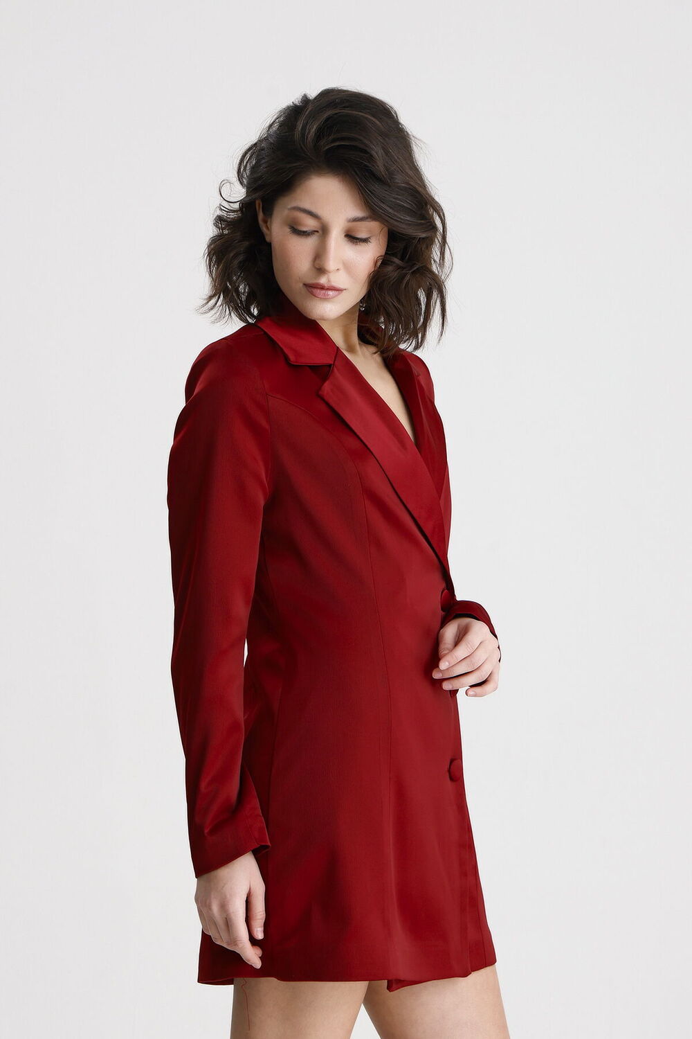 SNS Sense Bordo Kruvaze Yaka İçi Astarlı Saten Blazer Ceket  Elbise  - Velletri