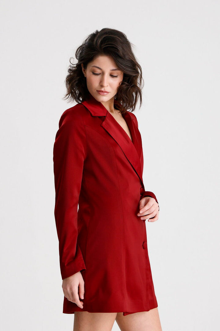SNS Sense Bordo Kruvaze Yaka İçi Astarlı Saten Blazer Ceket  Elbise  - Velletri