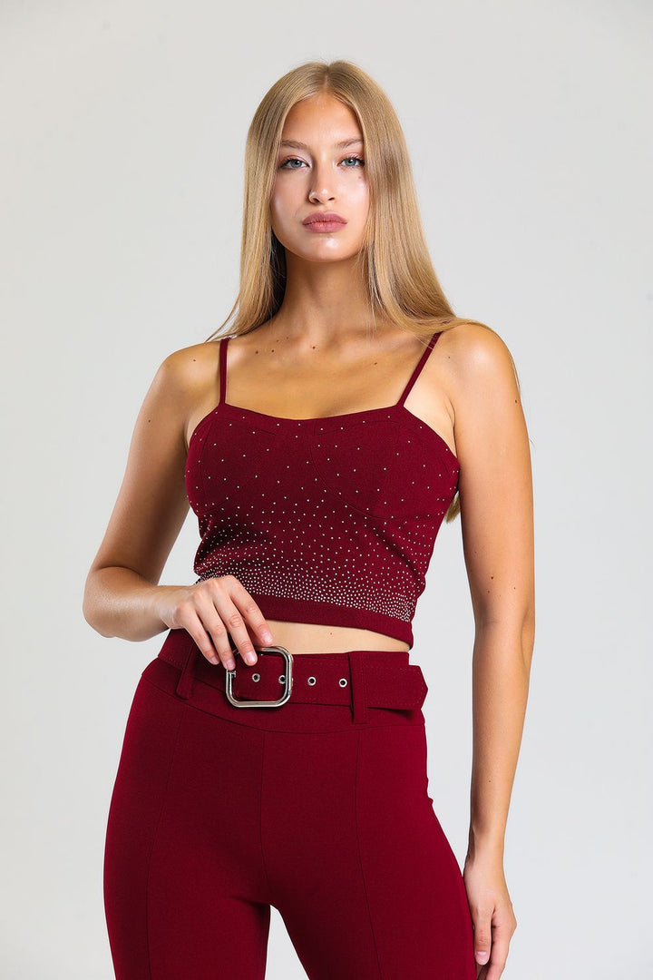 SNS Sense Bordeaux Stone Detailed Scuba Crepe Evening Bustier Bus33438Ts - Celle