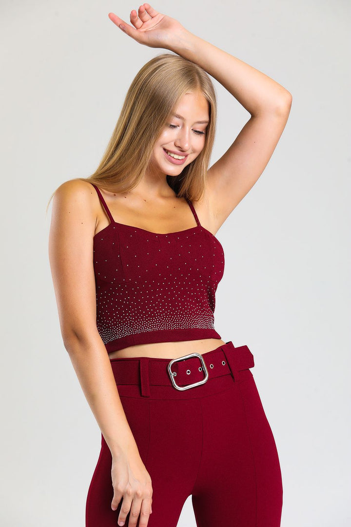 SNS Sense Bordeaux Stone Detailed Scuba Crepe Evening Bustier Bus33438Ts - Celle