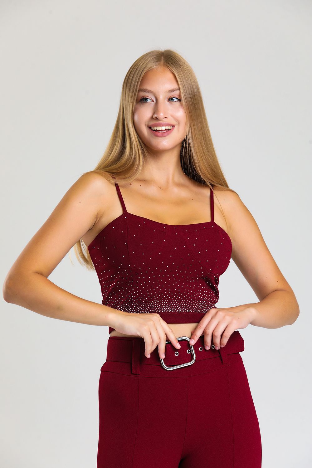 SNS Sense Bordeaux Stone Detailed Scuba Crepe Evening Bustier Bus33438Ts - Celle