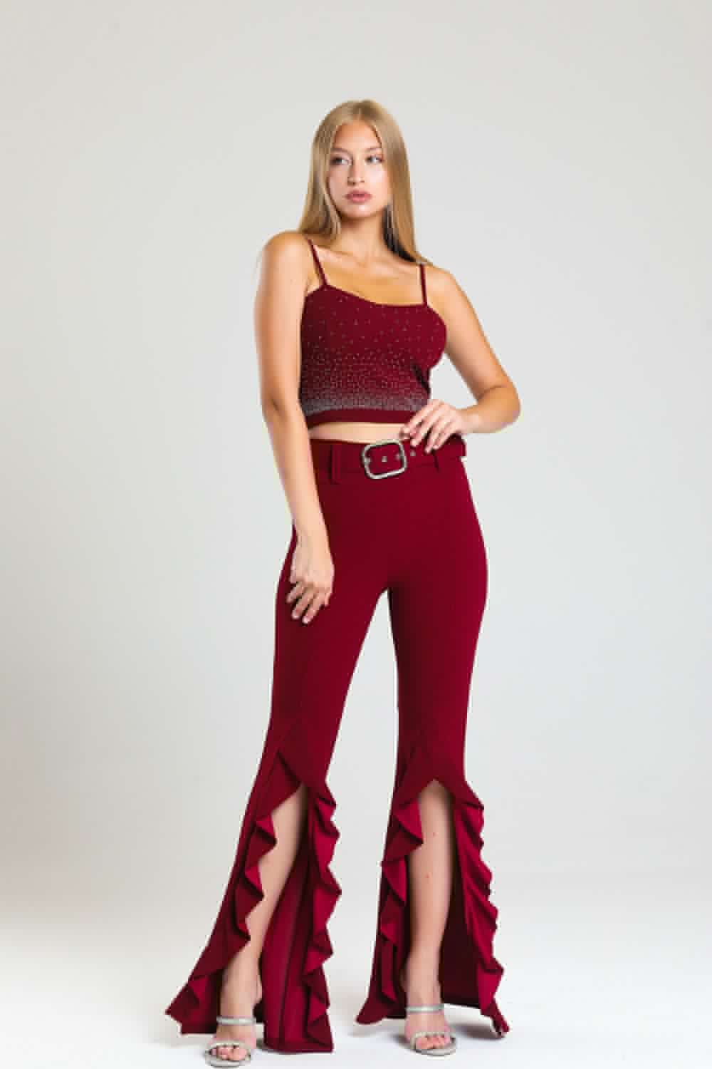SNS Sense Bordeaux Stone Detailed Scuba Crepe Evening Bustier Bus33438Ts - Celle