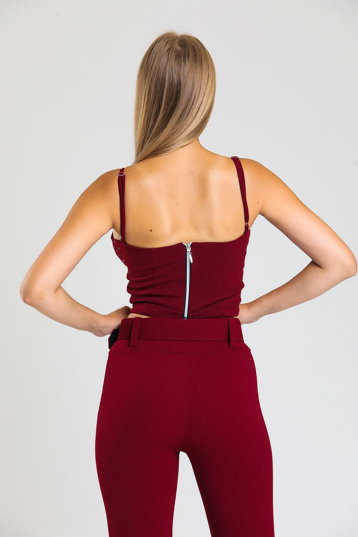 SNS Sense Bordeaux Stone Detailed Scuba Crepe Evening Bustier Bus33438Ts - Celle