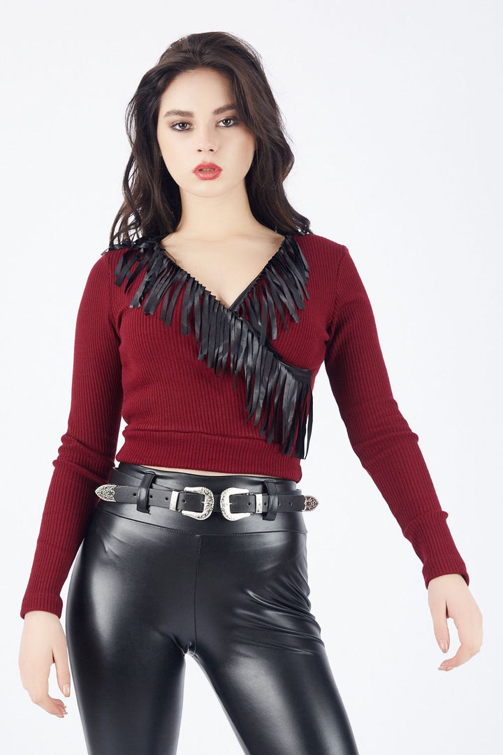 SNS Burgundy Long Sleeve Crossover Neck 2X2 Ribbed Blouse - Esch-sur-Alzette