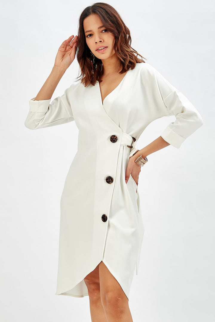 SNS Sense Ecru Buttoned Office Dress - Molfetta
