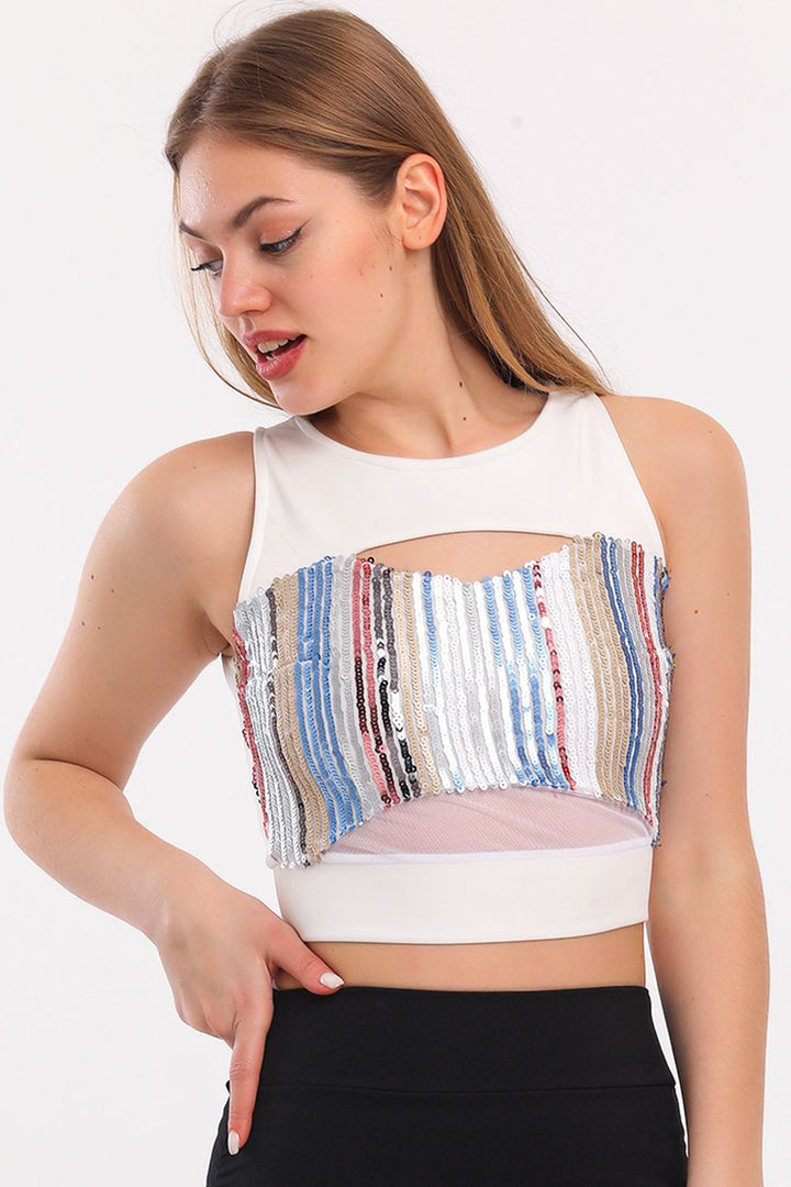 SNS Sense Ecru Sequined Bustier with Front Zipper - Winnipeg
