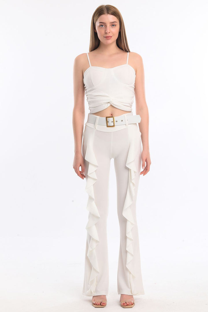 SNS Sense Ecru Belted Ruffled Scuba Crepe Pants - Newport
