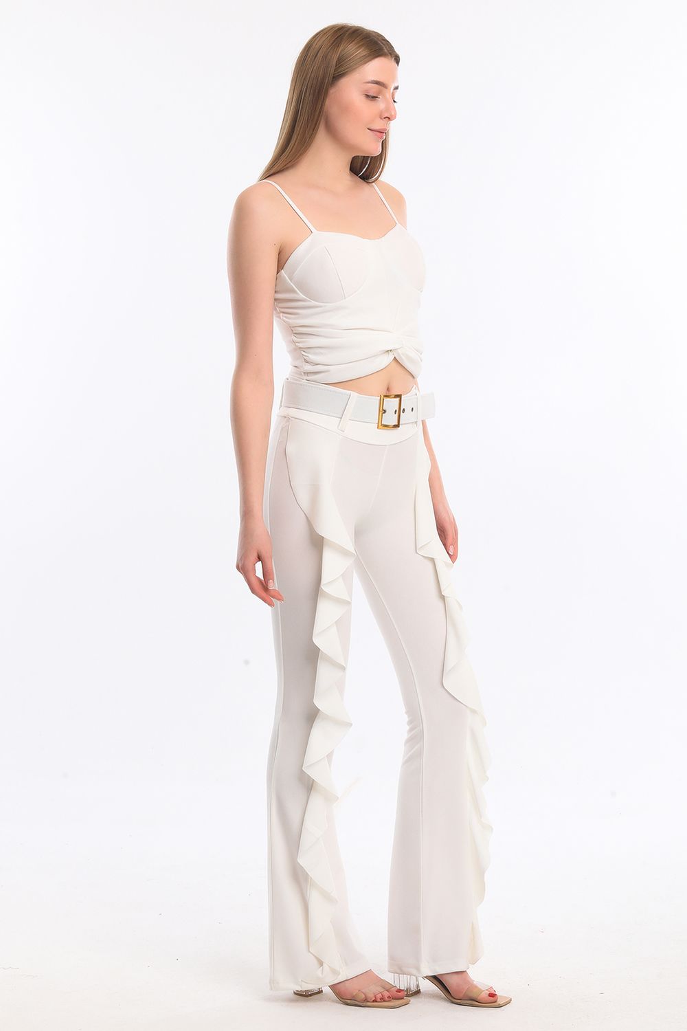 SNS Sense Ecru Belted Ruffled Scuba Crepe Pants - Newport