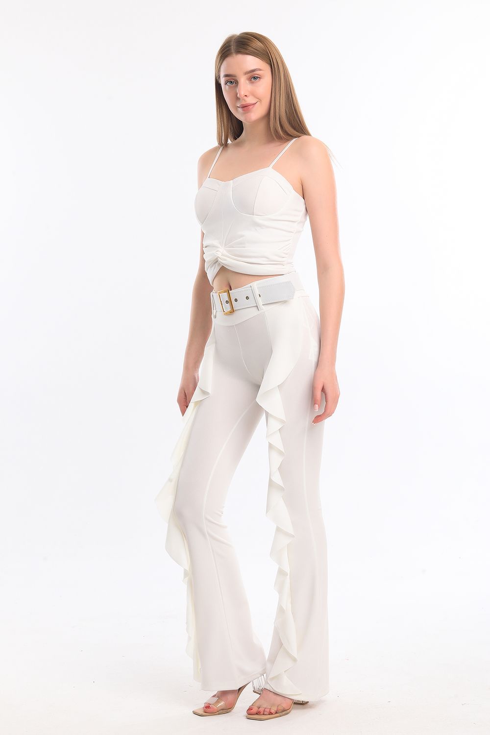 SNS Sense Ecru Belted Ruffled Scuba Crepe Pants - Newport