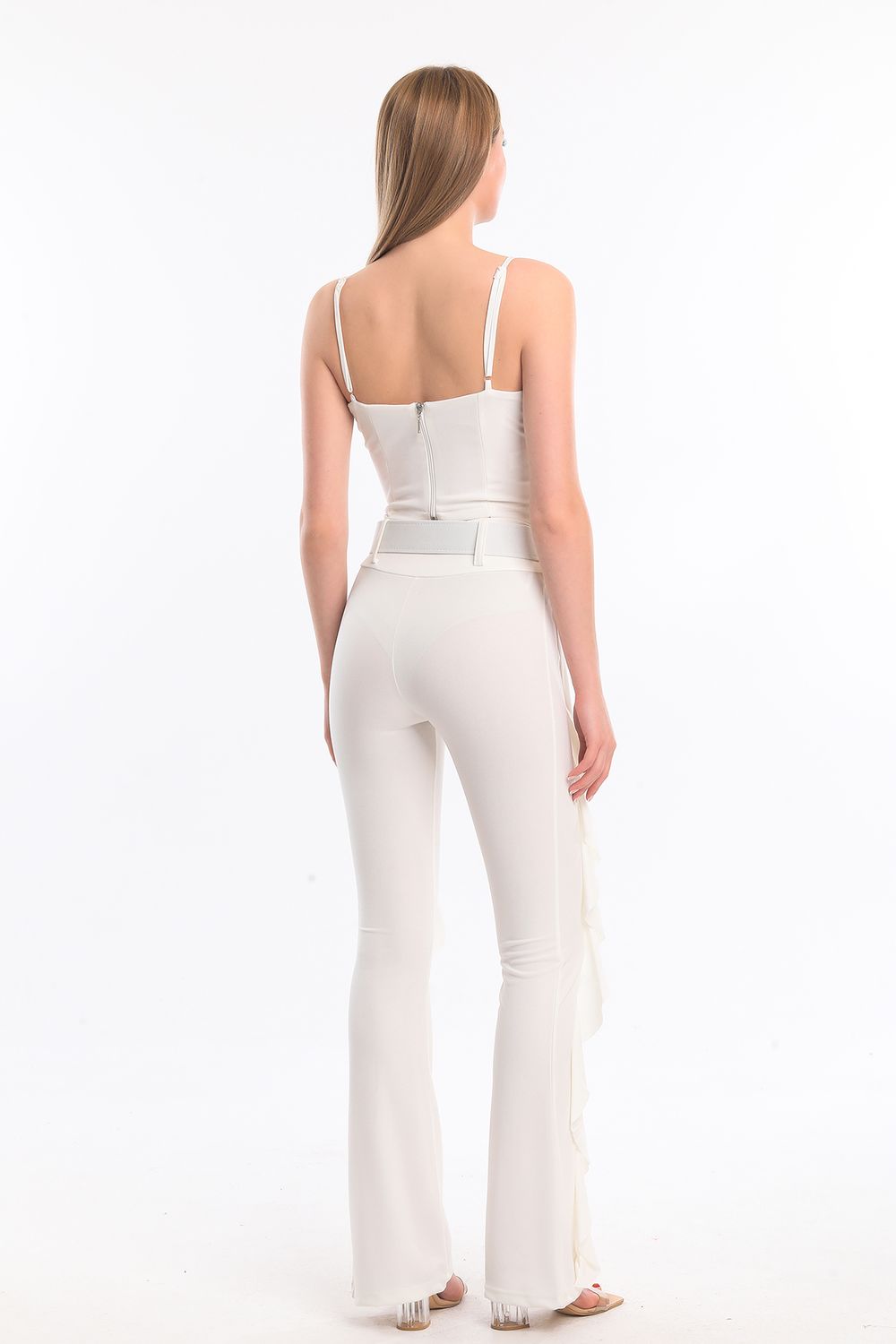 SNS Sense Ecru Belted Ruffled Scuba Crepe Pants - Newport