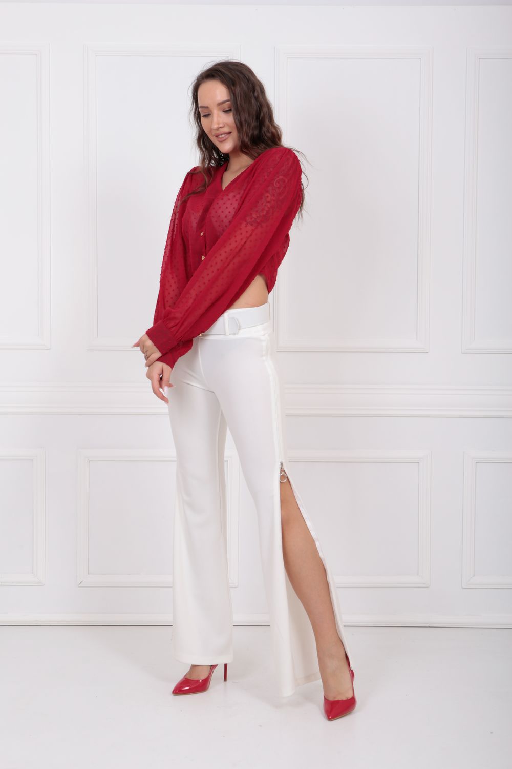 SNS Ecru colored pants with a 5 cm waistband, fabric covered, side zip, scuba crepe pants. - Saint-Eustache