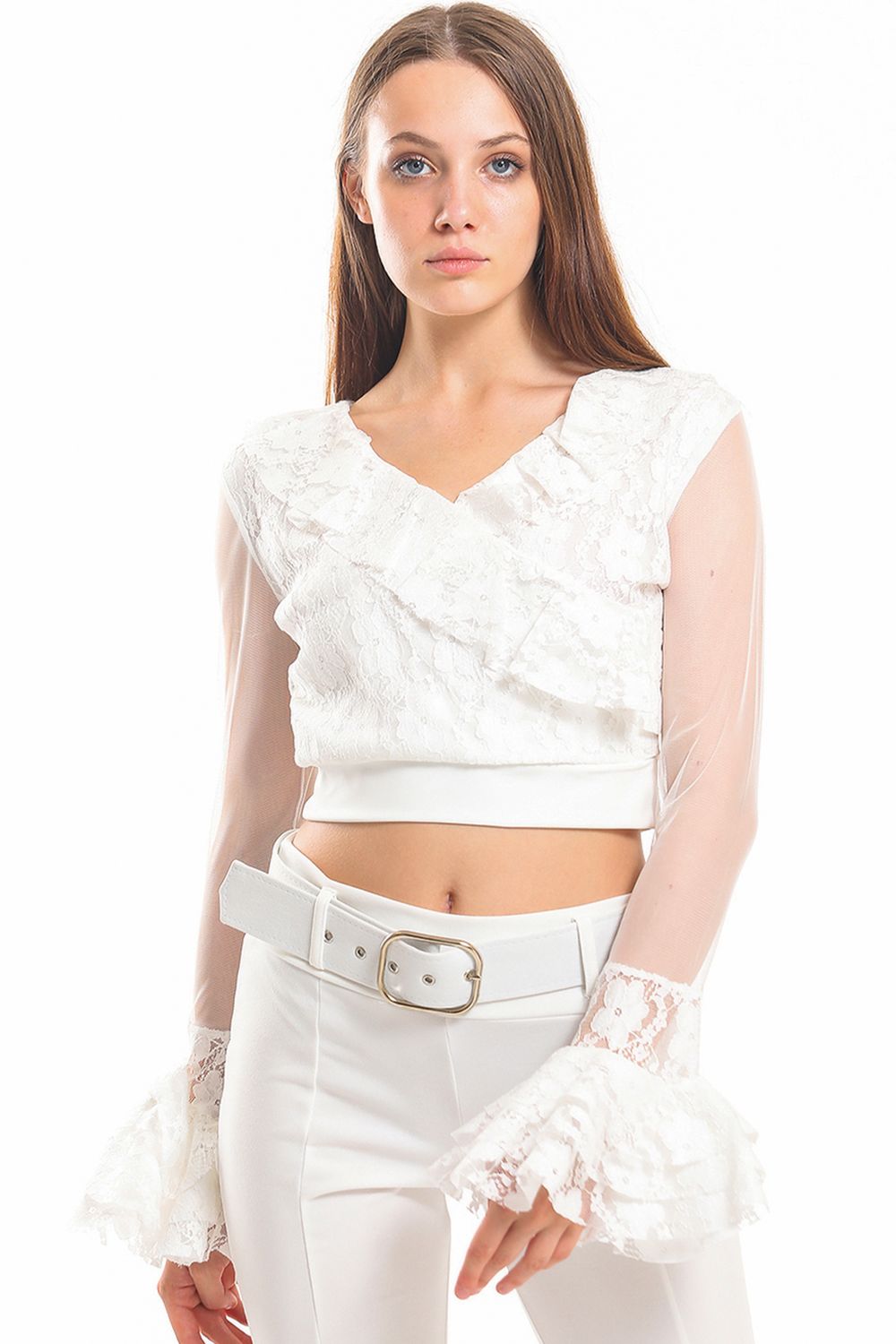 SNS Sense Ecru Sleeves Tulle Wrap Lace Blouse - Greenfield