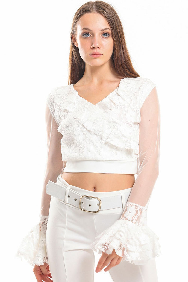 SNS Sense Ecru Sleeves Tulle Wrap Lace Blouse - Greenfield