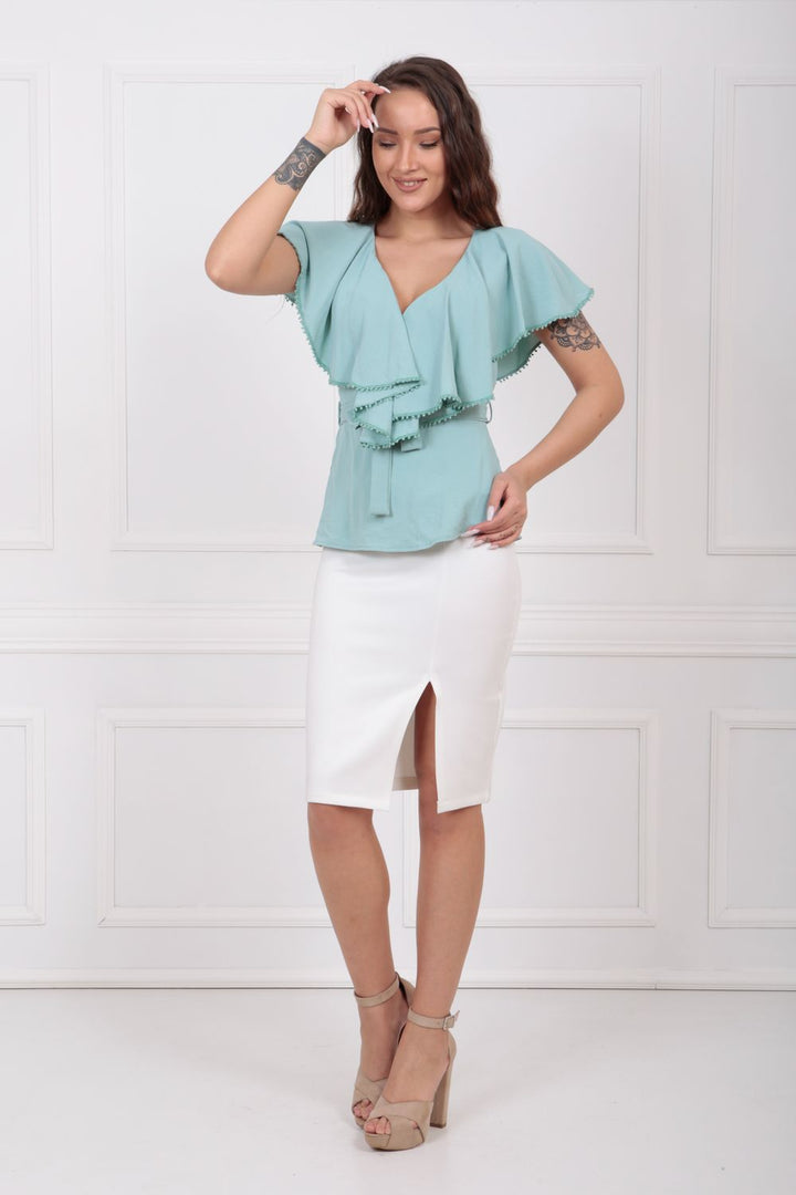 SNS Sense Ecru Scuba Ruffled Pencil Skirt ETK32701 - Aulnay-sous-Bois